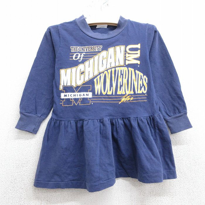 古着 長袖 ワンピース キッズ ガールズ 子供服 80年代 80s ミシガンウルヴァリンズ 大学 コットン クルーネック USA製 紺 ネイビー 【spe】 25feb26