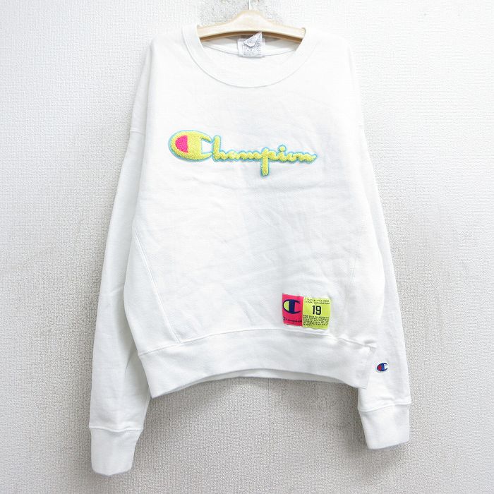 古着 長袖 チャンピオン champion リバースウィーブ キッズ ボーイズ 子供服 00年代 00s ビッグロゴ クルーネック 白 ホワイト 25feb26