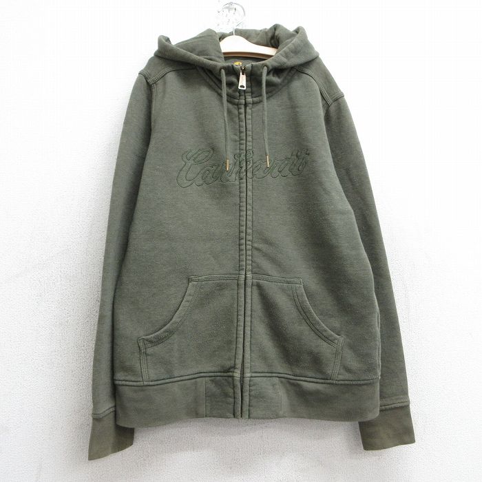 古着 カーハート Carhartt 長袖 スウェット フルジップ パーカー キッズ ボーイズ 子供服 ビッグロゴ 刺繍 濃緑 グリーン 25feb26