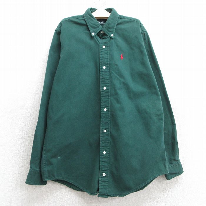 古着 ラルフローレン Ralph Lauren 長袖 ブランド シャツ キッズ ボーイズ 子供服 90年代 90s ワンポイントロゴ コットン ボタンダウン 緑 グリーン 25mar03