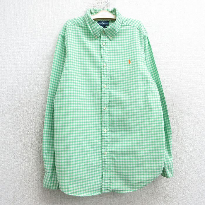古着 ラルフローレン Ralph Lauren 長袖 ブランド シャツ キッズ ボーイズ 子供服 90年代 90s ワンポイントロゴ コットン ボタンダウン 黄緑他 ギンガム チェック 25mar03