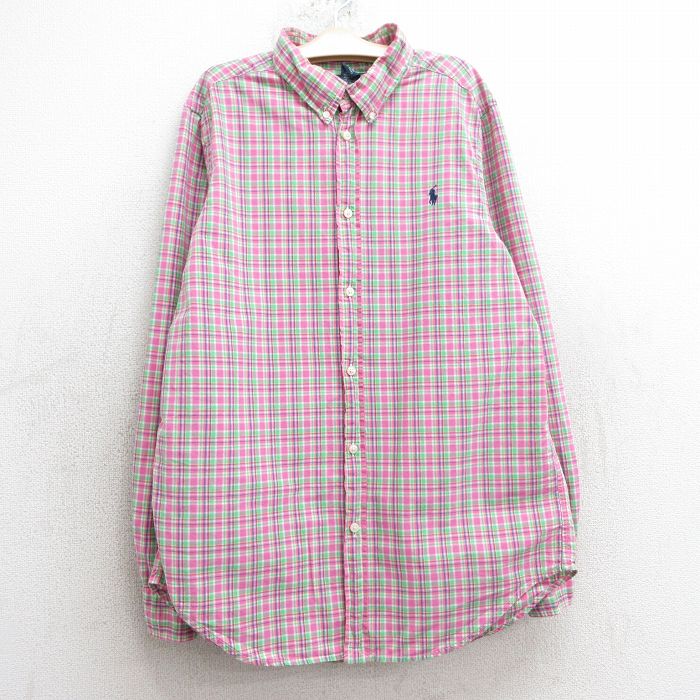 古着 ラルフローレン Ralph Lauren 長袖 ブランド シャツ キッズ ボーイズ 子供服 90年代 90s ワンポイントロゴ コットン ボタンダウン ピンク他 チェック 25mar03
