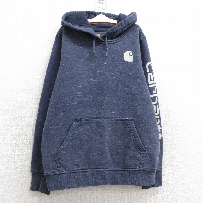 古着 カーハート Carhartt 長袖 スウェット パーカー キッズ ボーイズ 子供服 ビッグロゴ 紺系 ネイビー 霜降り 25mar03