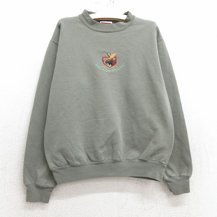 古着 長袖 スウェット キッズ ボーイズ 子供服 90年代 90s シカ イエローストーン 刺繍 クルーネック USA製 濃緑 グリーン 25mar04