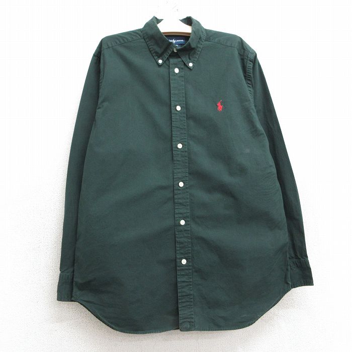 【50%OFF】古着 ラルフローレン Ralph Lauren 長袖 ブランド シャツ キッズ ボーイズ 子供服 90年代 90s ワンポイントロゴ コットン ボタンダウン 緑 グリーン 25mar04