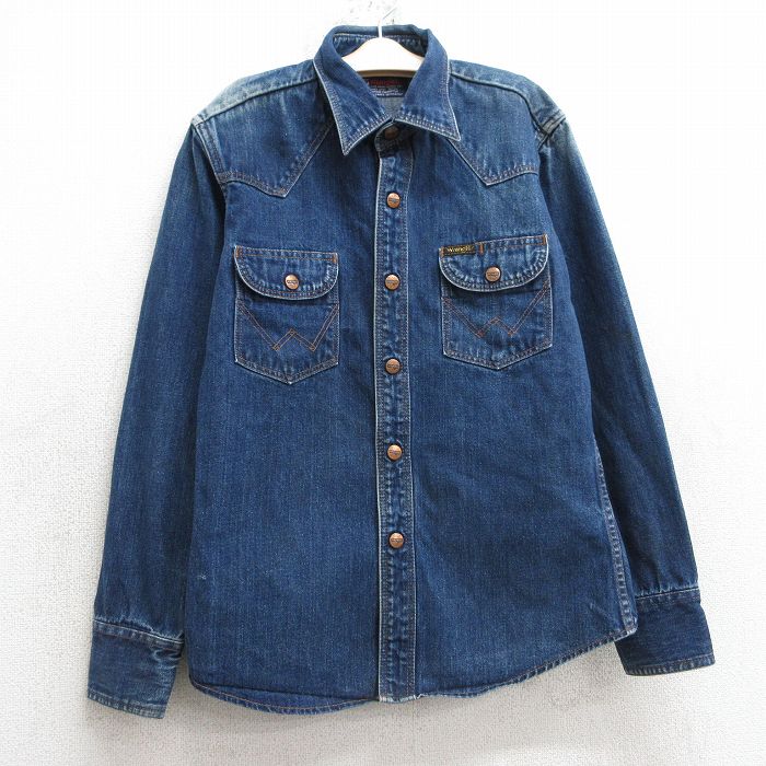 古着 ラングラー Wrangler 長袖 ウエスタン シャツ キッズ ボーイズ 子供服 濃紺 ネイビー デニム 25mar04