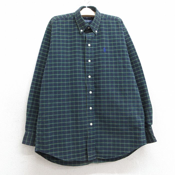 古着 ラルフローレン Ralph Lauren 長袖 ブランド シャツ キッズ ボーイズ 子供服 90年代 90s ワンポイントロゴ コットン ボタンダウン 緑他 グリーン チェック 25mar04