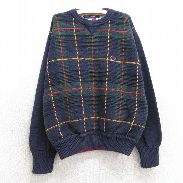 古着 トミーヒルフィガー TOMMY HILFIGER 長袖 ブランド セーター キッズ ボーイズ 子供服 90年代 90s ワンポイントロゴ コットン クルーネック 紺他 ネイビー チェック 25mar04