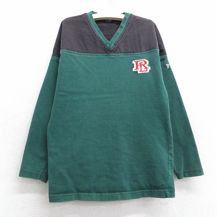 古着 ラルフローレン Ralph Lauren 長袖 ブランド フットボール Tシャツ キッズ ボーイズ 子供服 90年代 90s ワンポイントロゴ ツートンカラー Vネック 緑他 グリーン 25mar26