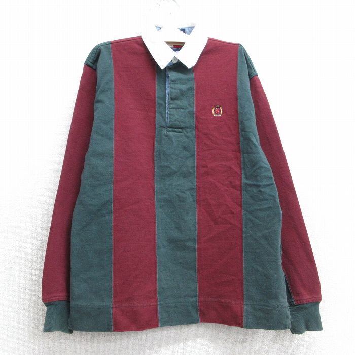 古着 トミーヒルフィガー TOMMY HILFIGER 長袖 ブランド ラガー シャツ キッズ ボーイズ 子供服 90年代 90s ワンポイントロゴ ツートンカラー コットン 緑他 グリーン ストライプ 25mar26