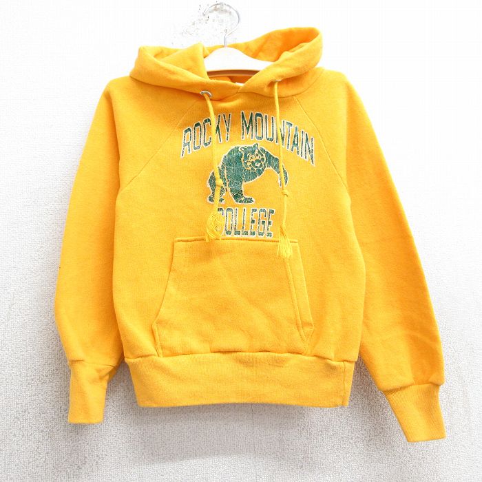 古着 チャンピオン champion 長袖 スウェット パーカー キッズ ボーイズ 子供服 80年代 80s ロッキーマウンテン カレッジ ラグラン USA製 黄 イエロー 【spe】 25mar26