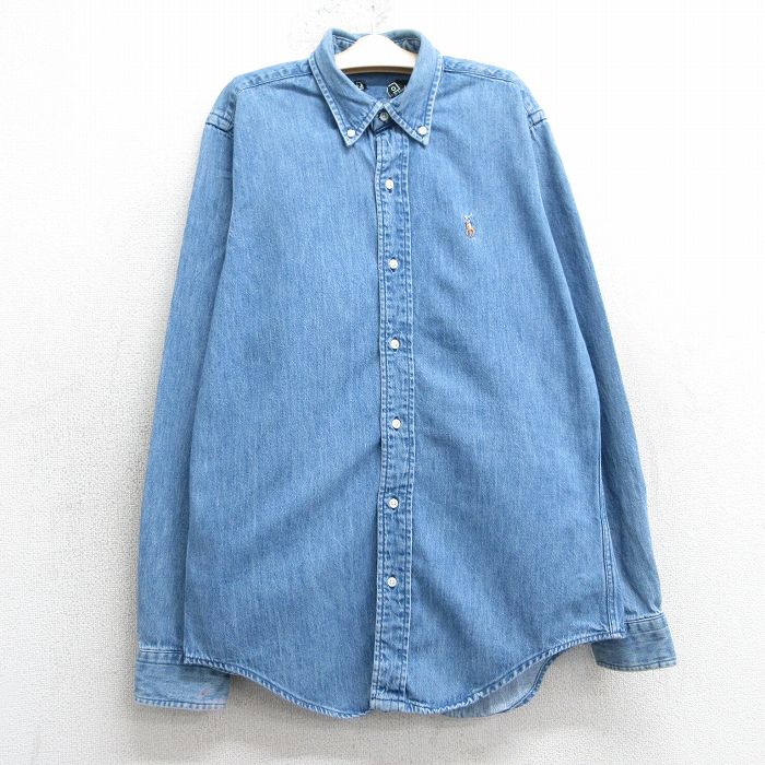 【20%OFF】古着 ラルフローレン Ralph Lauren 長袖 ブランド シャツ キッズ ボーイズ 子供服 90年代 90s ワンポイントロゴ コットン ボタンダウン USA製 紺 ネイビー デニム 【spe】 25mar26