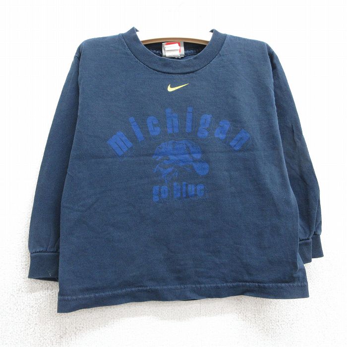 古着 ナイキ NIKE 長袖 ビンテージ Tシャツ キッズ ボーイズ 子供服 00年代 00s ミシガン コットン クルーネック 紺他 ネイビー チェック 25apr10
