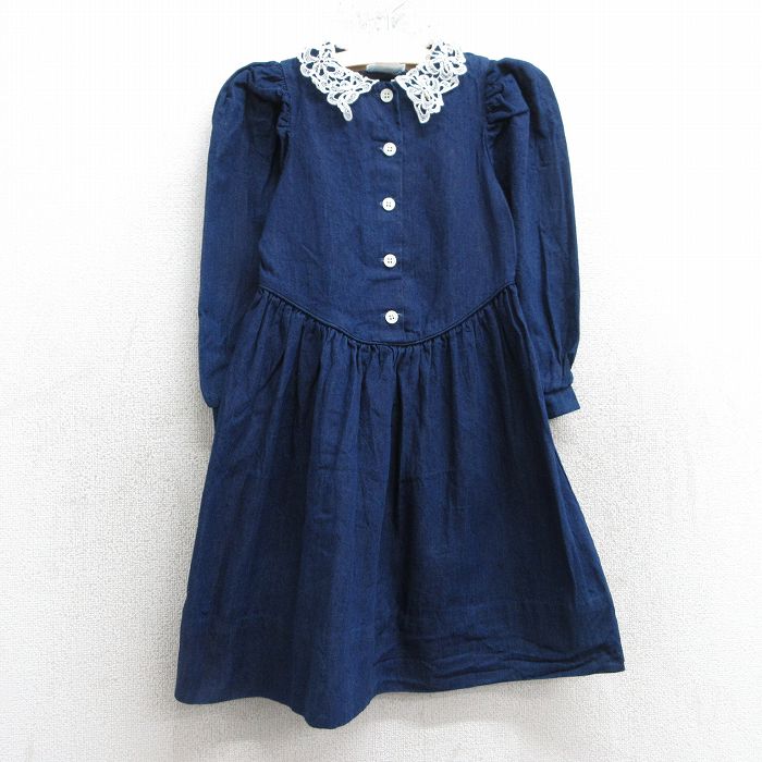 【50%OFF】古着 長袖 ワンピース キッズ ガールズ 子供服 90年代 90s コットン USA製 紺他 ネイビー デニム 25apr10