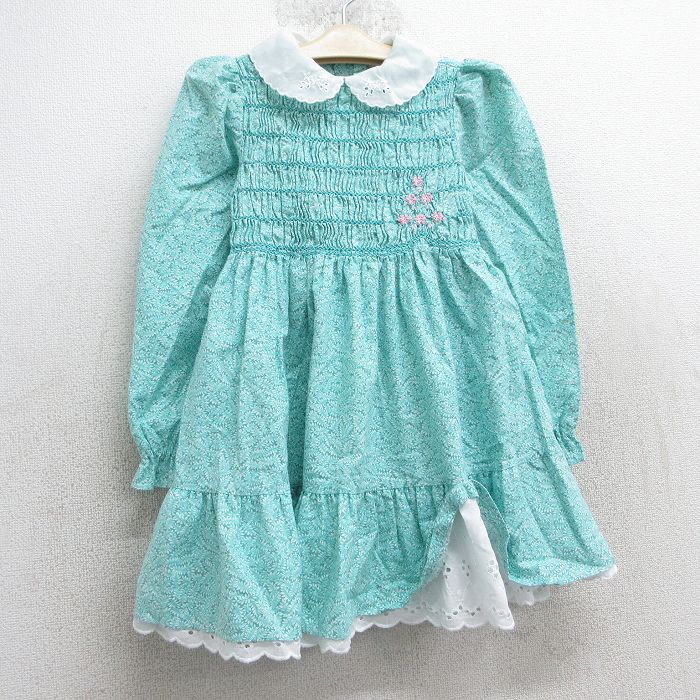 古着 長袖 ワンピース キッズ ガールズ 子供服 80年代 80s 花 葉 総柄 コットン 緑他 グリーン 25apr10