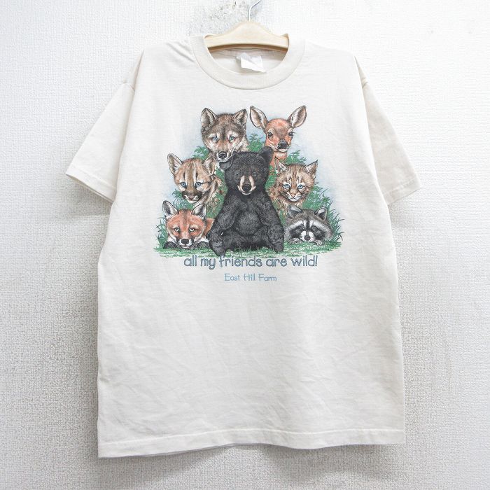【50%OFF】古着 半袖 ビンテージ Tシャツ キッズ ボーイズ 子供服 90年代 90s クマ キツネ タヌキ クルーネック USA製 生成り 25may07