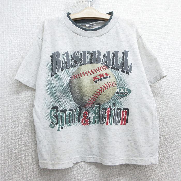 【50%OFF】古着 半袖 ビンテージ Tシャツ キッズ ボーイズ 子供服 90年代 90s ベースボール クルーネック カナダ製 薄グレー 霜降り 25may07