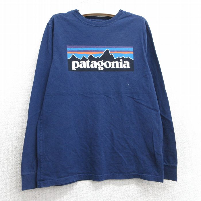 古着 パタゴニア patagonia 長袖 Tシャツ キッズ ボーイズ 子供服 ビッグロゴ コットン クルーネック 紺 ネイビー 25may07