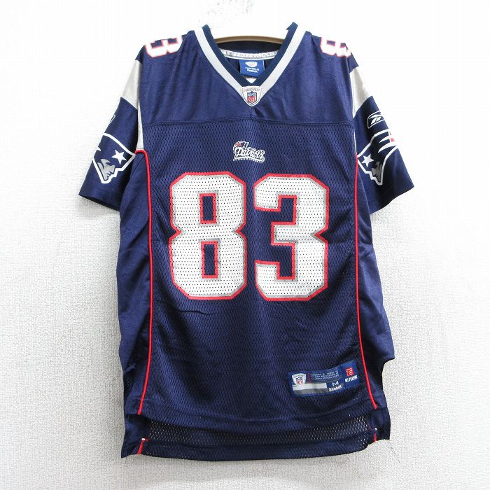 古着 リーボック REEBOK 半袖 ビンテージ フットボール Tシャツ キッズ ボーイズ 子供服 00年代 00s NFL ニューイングランドペイトリオッツ ウェスウェルカー 83 メッシュ地 Vネック 紺 ネイビー ユニフォーム ゲームシャツ アメフト スーパーボウル 25may07