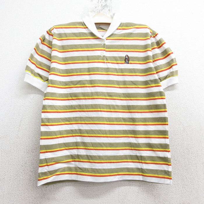 古着 半袖 ポロ シャツ キッズ ボーイズ 子ども服 80年代 80s 犬 白他 ホワイト ボーダー 25jun02