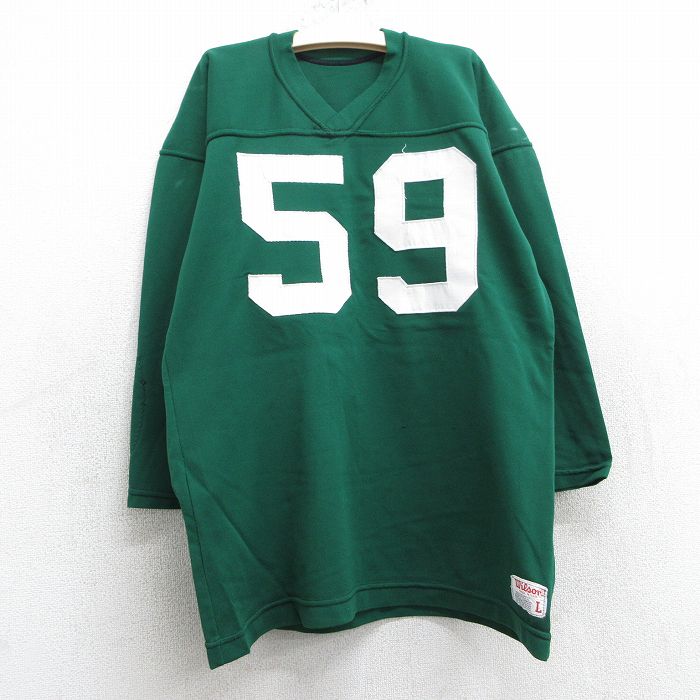 古着 ウィルソン 7分袖 ビンテージ フットボール Tシャツ キッズ ボーイズ 子ども服 80年代 80s 59 Vネック USA製 緑 グリーン 25jun02