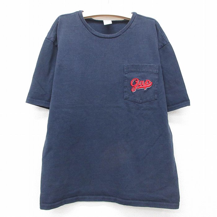 古着 ギャップ GAP 半袖 ビンテージ Tシャツ キッズ ボーイズ 子供服 90年代 90s ワンポイントロゴ 胸ポケット付き コットン クルーネック USA製 紺 ネイビー 25jun03