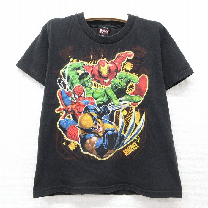 古着 半袖 ビンテージ Tシャツ キッズ ボーイズ 子供服 00年代 00s マーベル スパイダーマン アイアンマン コットン クルーネック 黒 ブラック 25jun03