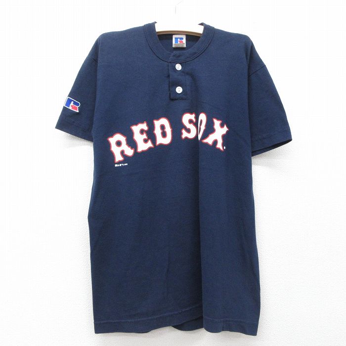 古着 ラッセル 半袖 ビンテージ Tシャツ キッズ ボーイズ 子供服 90年代 90s MLB ボストンレッドソックス ヘンリーネック 紺 ネイビー メジャーリーグ ベースボール 野球 25jun05