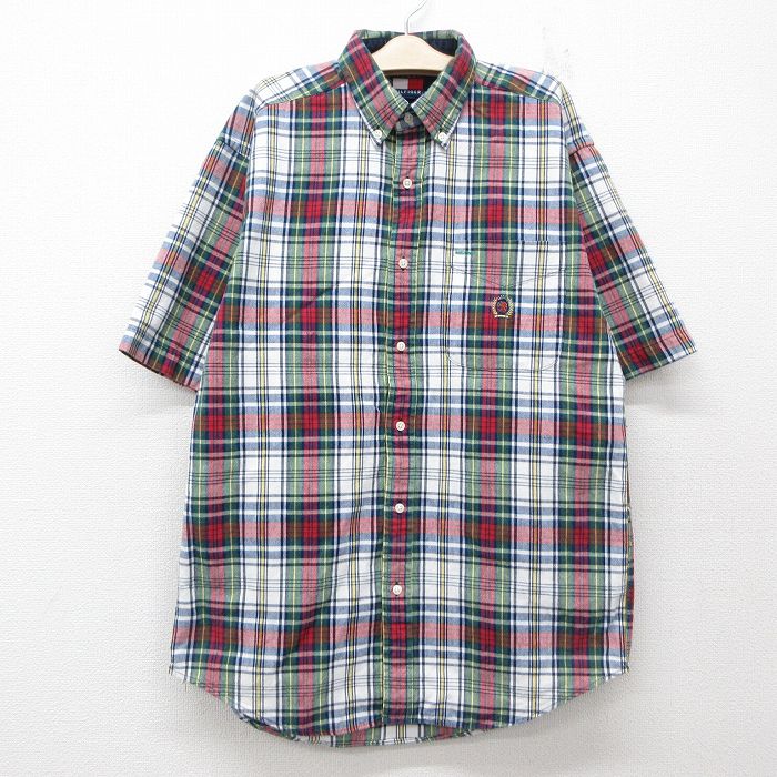 古着 トミーヒルフィガー TOMMY HILFIGER 半袖 ブランド シャツ キッズ ボーイズ 子供服 90年代 90s ワンポイントロゴ コットン ボタンダウン 白他 ホワイト チェック 25jun05