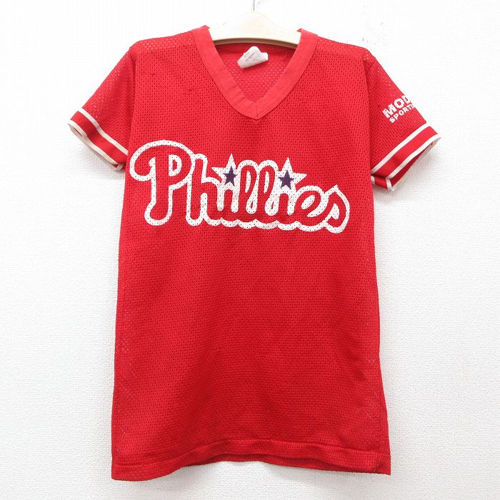 古着 半袖 ビンテージ Tシャツ キッズ ボーイズ 子供服 90年代 90s MLB フィラデルフィアフィリーズ メッシュ地 Vネック USA製 赤 レッド メジャーリーグ ベースボール 野球 25jun05