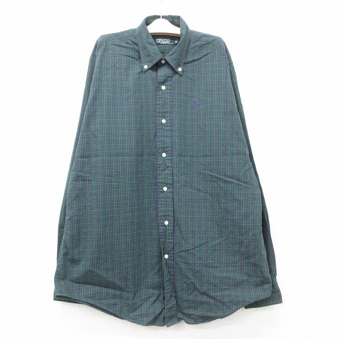 【20%OFF】古着 ラルフローレン Ralph Lauren 長袖 ブランド シャツ キッズ ボーイズ 子供服 90年代 90s ワンポイントロゴ コットン ボタンダウン 緑他 グリーン チェック 25jun06