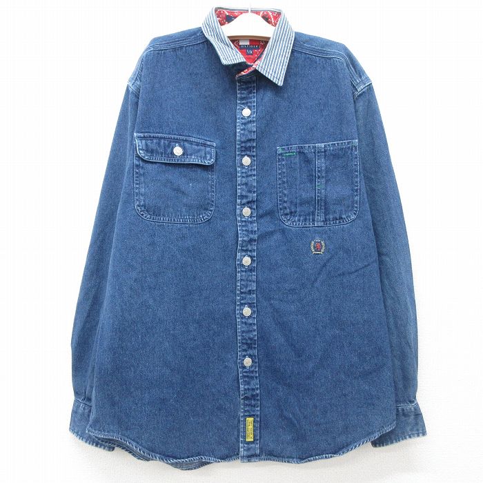 古着 トミーヒルフィガー TOMMY HILFIGER 長袖 ブランド シャツ キッズ ボーイズ 子供服 90年代 90s ワンポイントロゴ コットン 紺 ネイビー デニム 25jun06