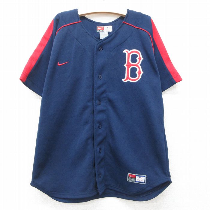 古着 ナイキ NIKE 半袖 ベースボール シャツ キッズ ボーイズ 子供服 00年代 00s ワンポイントロゴ MLB ボストンレッドソックス ジョナサンパペルボン 58 ラグラン 紺他 ネイビー メジャーリーグ 野球 25jun06