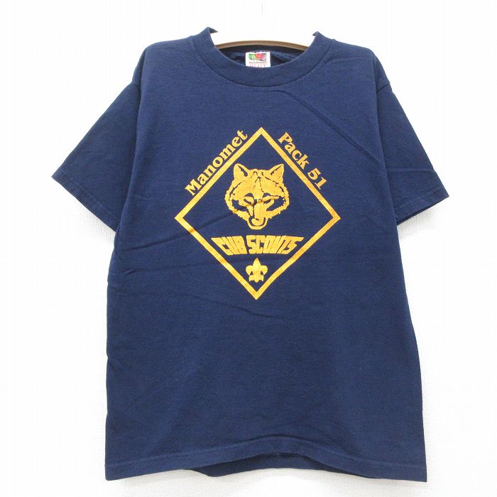 【50%OFF】古着 フルーツオブザルーム 半袖 ビンテージ Tシャツ キッズ ボーイズ 子供服 00年代 00s CUB SCOUTS コットン クルーネック 紺 ネイビー 25jun07