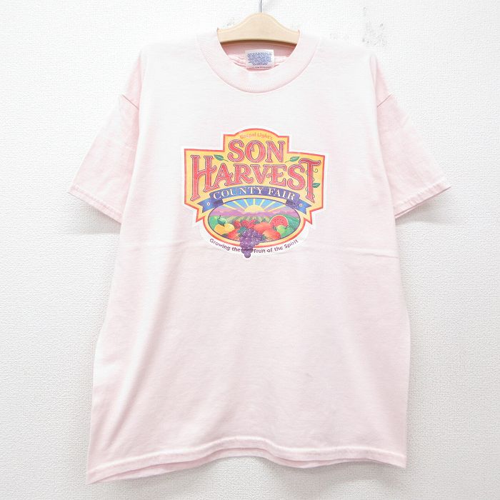 【50%OFF】古着 ヘインズ Hanes 半袖 ビンテージ Tシャツ キッズ ボーイズ 子供服 00年代 00s SON HARVEST フルーツ クルーネック 薄ピンク 25jun14