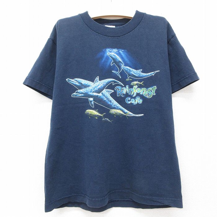古着 半袖 ビンテージ Tシャツ キッズ ボーイズ 子供服 90年代 90s イルカ 魚 クルーネック USA製 紺 ネイビー 25jun14