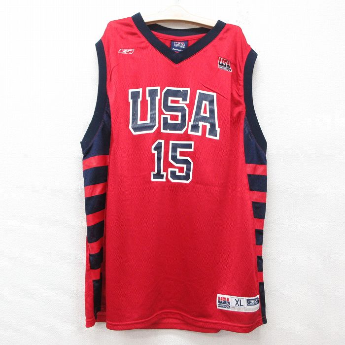 古着 リーボック REEBOK ノースリーブ Tシャツ キッズ ボーイズ 子供服 USAロゴ CASH 15 バスケットボール メッシュ地 Vネック 赤他 レッド ゲームシャツ ユニフォーム 25jun14