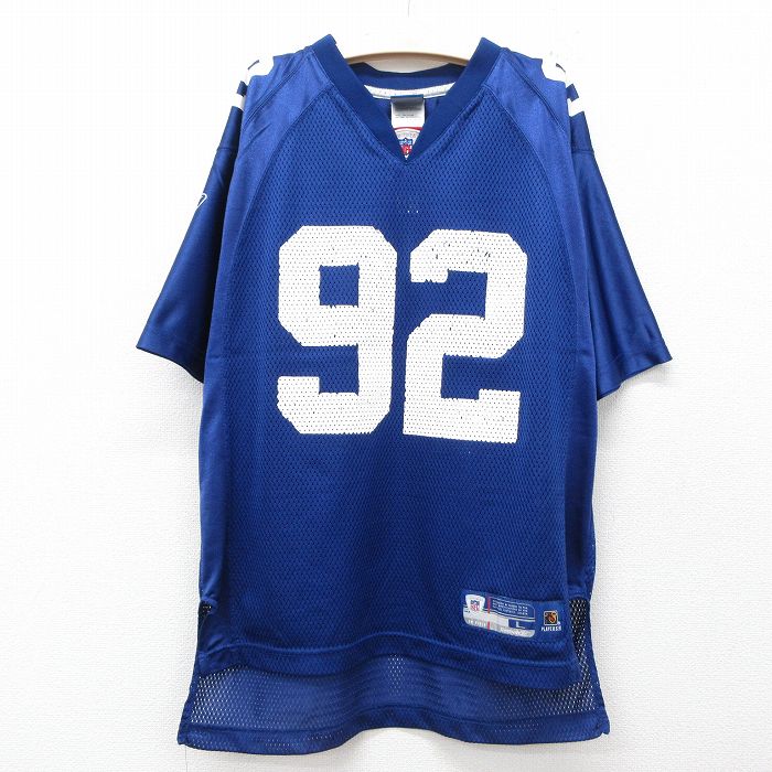 古着 リーボック REEBOK 半袖 ビンテージ フットボール Tシャツ キッズ ボーイズ 子供服 00年代 00s NFL マイケルストレイハン 92 メッシュ地 Vネック 紺他 ネイビー アメフト スーパーボウル 25jun14