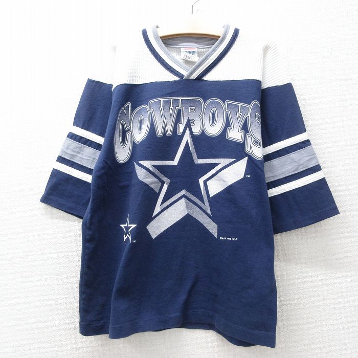 古着 7分袖 ビンテージ フットボール Tシャツ キッズ ボーイズ 子供服 90年代 90s NFL ダラスカウボーイズ コットン Vネック USA製 紺他 ネイビー アメフト スーパーボウル 【spe】 25jun14