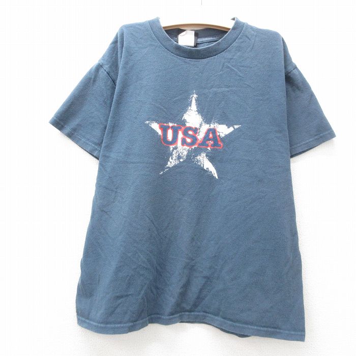 古着 半袖 ビンテージ Tシャツ キッズ ボーイズ 子供服 90年代 90s USAロゴ 星 コットン クルーネック USA製 紺系 ネイビー 25jun14