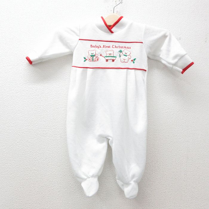 古着 長袖 ビンテージ ロンパース キッズ ボーイズ 子供服 80年代 80s クマ クリスマス Vネック USA製 白他 ホワイト 25jun14