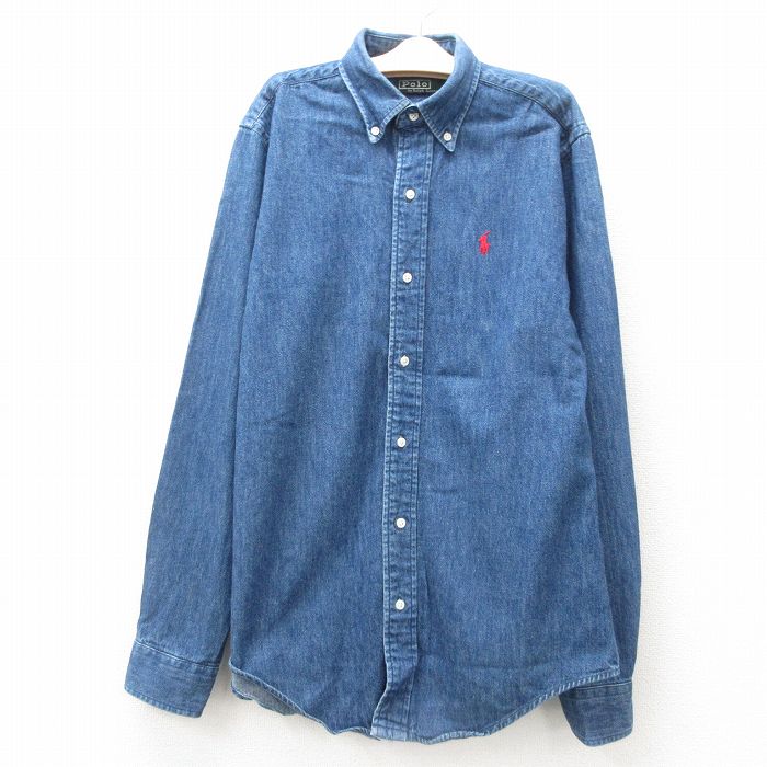 古着 ラルフローレン Ralph Lauren 長袖 シャツ キッズ ボーイズ 子供服 90年代 90s ワンポイントロゴ コットン ボタンダウン USA製 紺 ネイビー デニム 25jun14