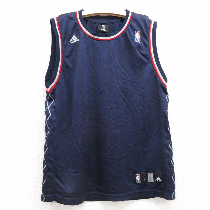 【50%OFF】古着 アディダス adidas ビンテージ タンクトップ キッズ ボーイズ 子供服 00年代 00s NBA メッシュ地 クルーネック 紺他 ネイビー ストライプ 25jul24