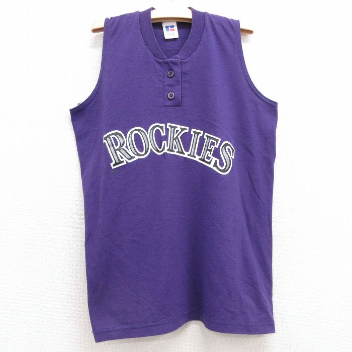 【50%OFF】古着 ラッセル ノースリーブ ビンテージ Tシャツ キッズ ボーイズ 子供服 90年代 90s ROCKIES ヘンリーネック USA製 紫 パープル 25jul24