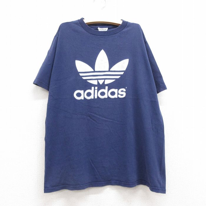 【50%OFF】古着 アディダス adidas 半袖 ビンテージ Tシャツ キッズ ボーイズ 子供服 90年代 90s ビッグロゴ リーフ トレフォイル コットン クルーネック USA製 紺 ネイビー 【spe】 25jul24