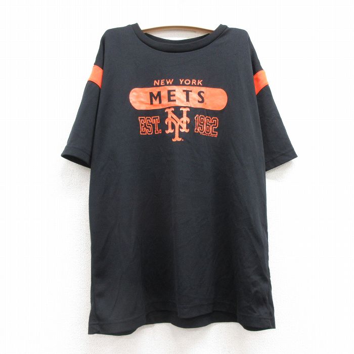 古着 半袖 ビンテージ Tシャツ キッズ ボーイズ 子供服 00年代 00s MLB ニューヨークメッツ メッシュ地 クルーネック 黒 ブラック メジャーリーグ ベースボール 野球 25jul24