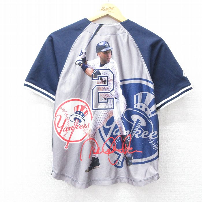 古着 マジェスティック 半袖 シャツ キッズ ボーイズ 子供服 00年代 00s MLB ニューヨークヤンキース デレクジーター 2 ラグラン 紺 ネイビー メジャーリーグ ベースボール 野球 25aug04
