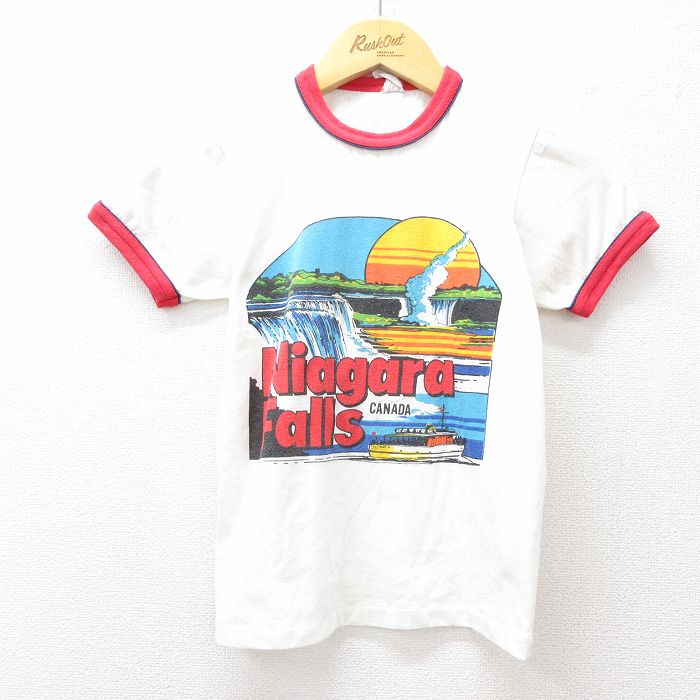 古着 半袖 ビンテージ Tシャツ キッズ ボーイズ 子供服 90年代 90s ナイアガラの滝 クルーネック カナダ製 白 ホワイト リンガー 25aug04
