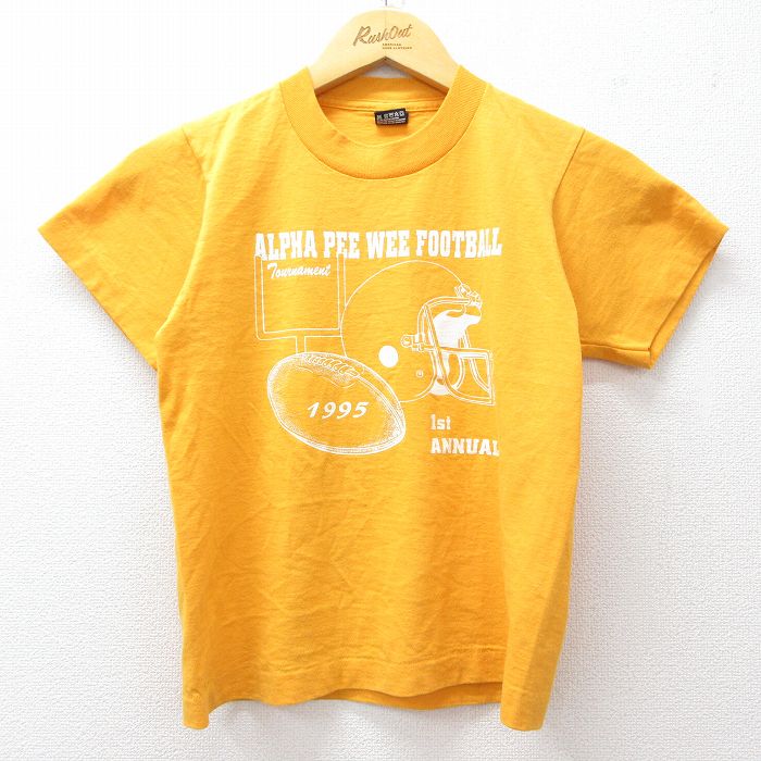 【50%OFF】古着 フルーツオブザルーム 半袖 ビンテージ Tシャツ キッズ ボーイズ 子供服 90年代 90s アメフト クルーネック USA製 黄 イエロー 25aug04