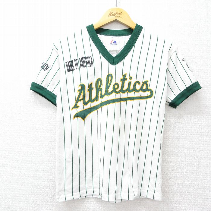 古着 マジェスティック 半袖 ビンテージ Tシャツ キッズ ボーイズ 子供服 00年代 00s MLB オークランドアスレチックス Vネック 白他 ホワイト ストライプ メジャーリーグ ベースボール 野球 25aug04